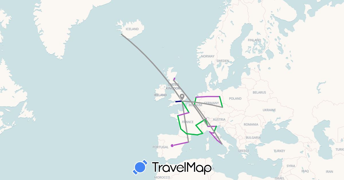 TravelMap itinerary: driving, bus, plane, train in Belgium, Switzerland, Czech Republic, Germany, Spain, France, United Kingdom, Iceland, Italy, Netherlands (Europe)